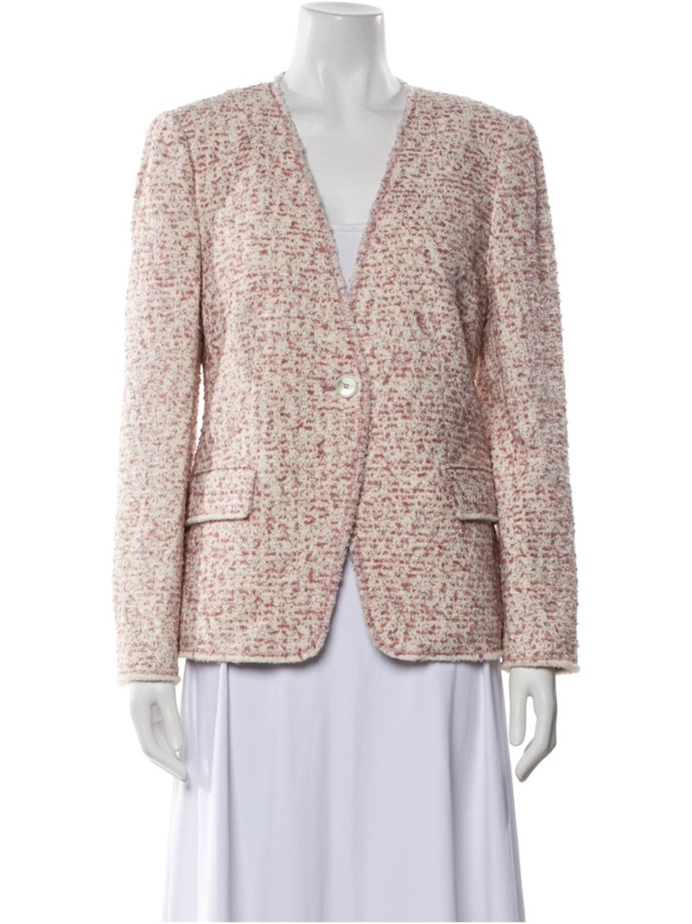Rebecca Taylor Tailored Cotton Pink Beige Tweed SingleButton Collarless Blazer 4